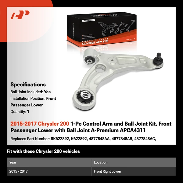 2015-2017 Chrysler 200 1-Pc Control Arm and Ball Joint Kit, Front Passenger Lower with Ball Joint A-Premium APCA4311