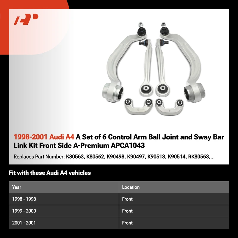 1998-2001 Audi A4 A Set of 6 Control Arm Ball Joint and Sway Bar Link Kit Front Side A-Premium APCA1043