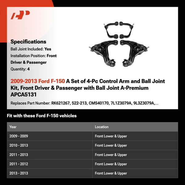 2009-2013 Ford F-150 4-Pc Control Arm and Ball Joint Kit, Front Driver & Passenger with Ball Joint A-Premium APCA5131