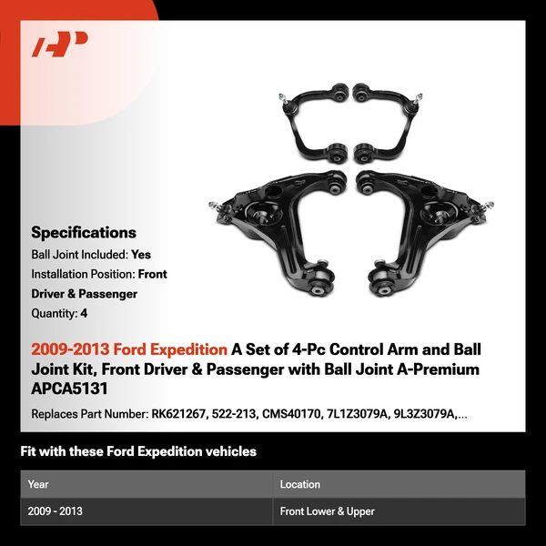 2009-2013 Ford Expedition 4-Pc Control Arm and Ball Joint Kit, Front Driver & Passenger with Ball Joint A-Premium APCA5131