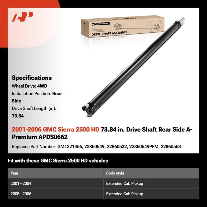 2001-2006 GMC Sierra 2500 HD 73.84 in. Drive Shaft Rear Side A-Premium APDS0662