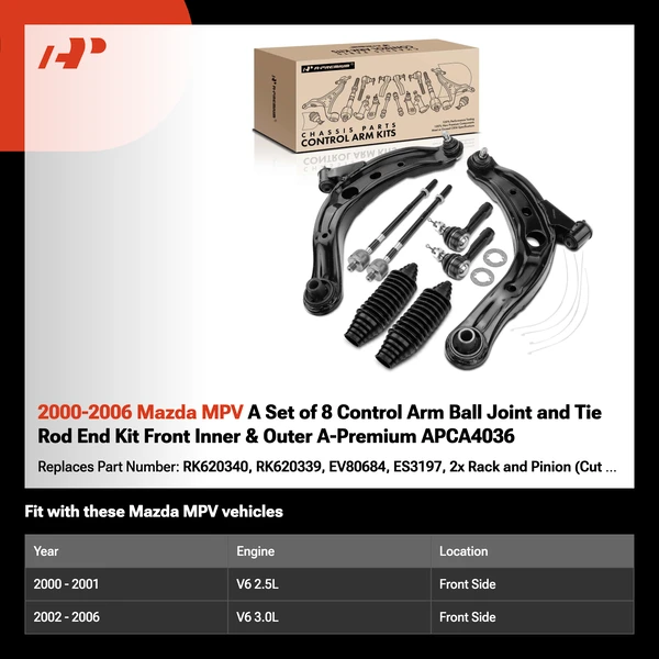 2000-2006 Mazda MPV A Set of 8 Control Arm Ball Joint and Tie Rod End Kit Front Inner & Outer A-Premium APCA4036