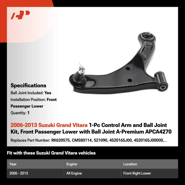 2006-2013 Suzuki Grand Vitara 1-Pc Control Arm and Ball Joint Kit, Front Passenger Lower with Ball Joint A-Premium APCA4270