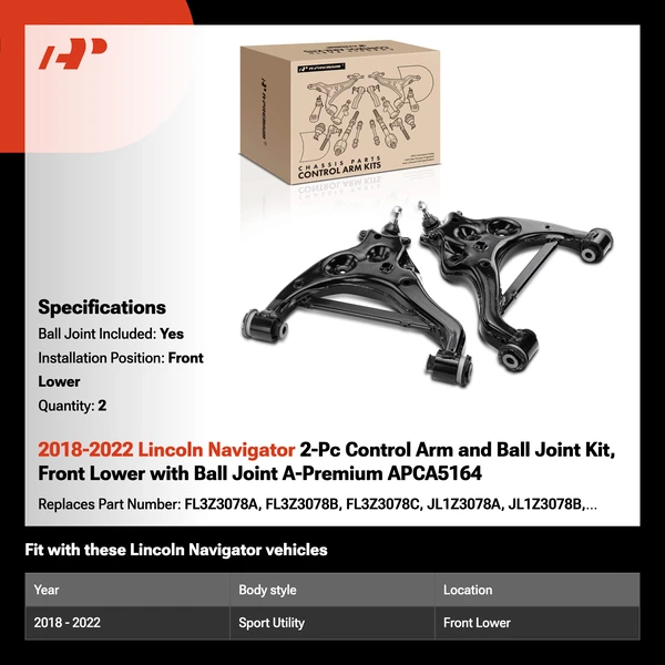 2018-2022 Lincoln Navigator 2-Pc Control Arm and Ball Joint Kit, Front Lower with Ball Joint A-Premium APCA5164