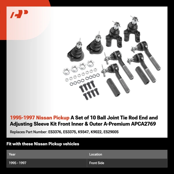 1995-1997 Nissan Pickup A Set of 10 Ball Joint Tie Rod End and Adjusting Sleeve Kit Front Inner & Outer A-Premium APCA2769