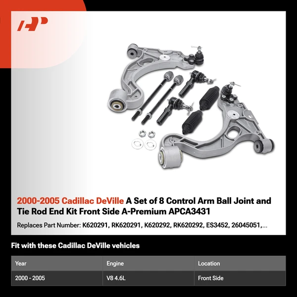 2000-2005 Cadillac DeVille A Set of 8 Control Arm Ball Joint and Tie Rod End Kit Front Side A-Premium APCA3431