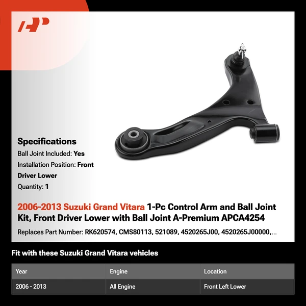 2006-2013 Suzuki Grand Vitara 1-Pc Control Arm and Ball Joint Kit, Front Driver Lower with Ball Joint A-Premium APCA4254