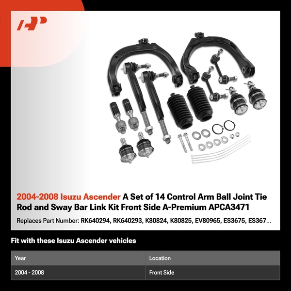 2004-2008 Isuzu Ascender A Set of 14 Control Arm Ball Joint Tie Rod and Sway Bar Link Kit Front Side A-Premium APCA3471