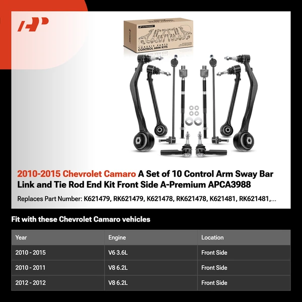 2010-2015 Chevrolet Camaro A Set of 10 Control Arm Sway Bar Link and Tie Rod End Kit Front Side A-Premium APCA3988