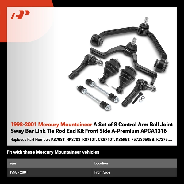 1998-2001 Mercury Mountaineer A Set of 8 Control Arm Ball Joint Sway Bar Link Tie Rod End Kit Front Side A-Premium APCA1316