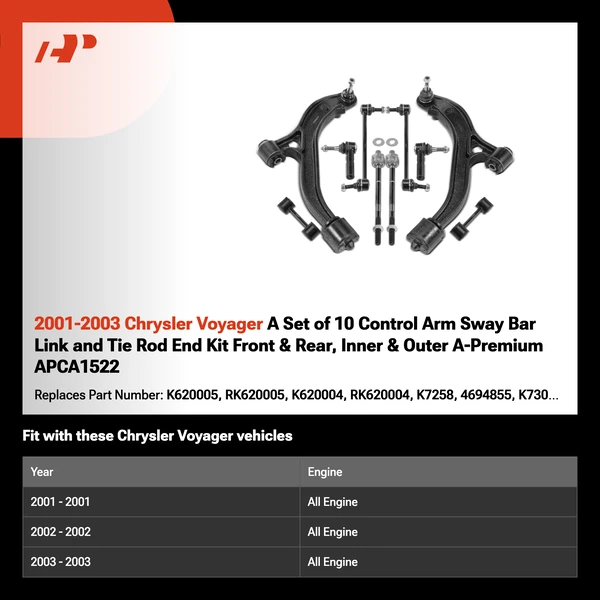 2001-2003 Chrysler Voyager A Set of 10 Control Arm Sway Bar Link and Tie Rod End Kit Front & Rear, Inner & Outer A-Premium APCA1522