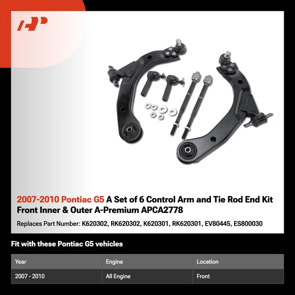 2007-2010 Pontiac G5 A Set of 6 Control Arm and Tie Rod End Kit Front Inner & Outer A-Premium APCA2778