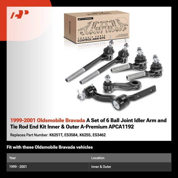 1999-2001 Oldsmobile Bravada A Set of 6 Ball Joint Idler Arm and Tie Rod End Kit Inner & Outer A-Premium APCA1192