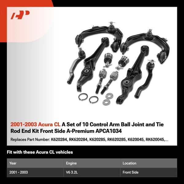 2001-2003 Acura CL A Set of 10 Control Arm Ball Joint and Tie Rod End Kit Front Side A-Premium APCA1034