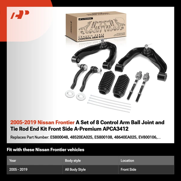 2005-2019 Nissan Frontier A Set of 8 Control Arm Ball Joint and Tie Rod End Kit Front Side A-Premium APCA3412