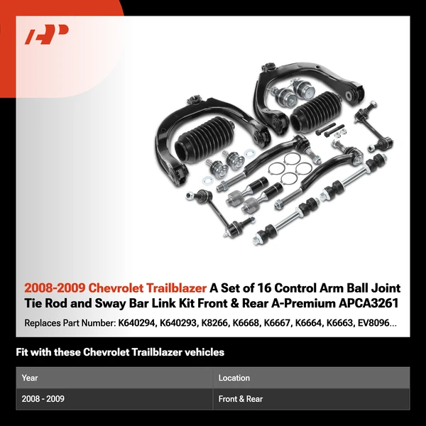 2008-2009 Chevrolet Trailblazer A Set of 16 Control Arm Ball Joint Tie Rod and Sway Bar Link Kit Front & Rear A-Premium APCA3261