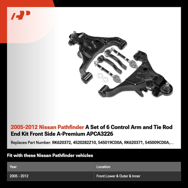 2005-2012 Nissan Pathfinder A Set of 6 Control Arm and Tie Rod End Kit Front Side A-Premium APCA3226