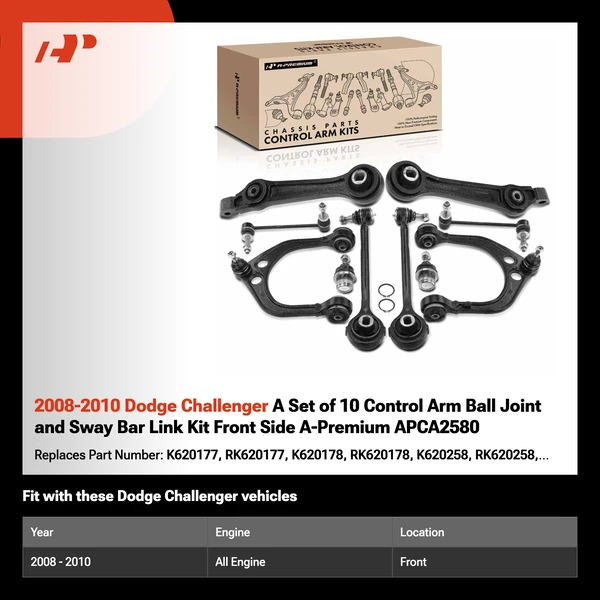 2008-2010 Dodge Challenger A Set of 10 Control Arm Ball Joint and Sway Bar Link Kit Front Side A-Premium APCA2580
