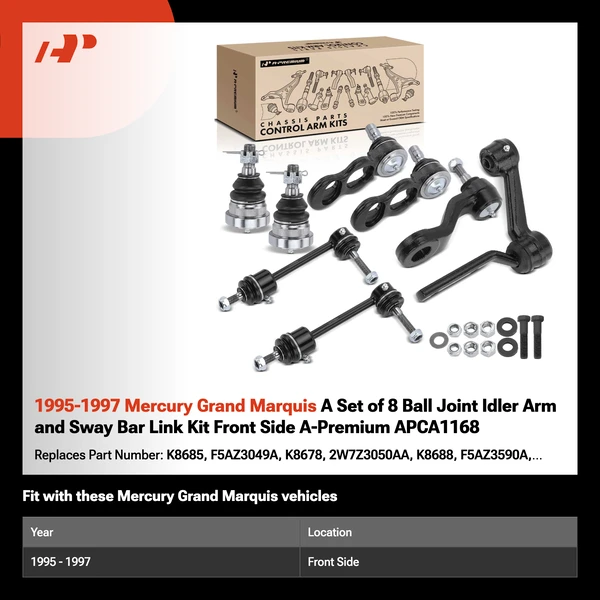 1995-1997 Mercury Grand Marquis A Set of 8 Ball Joint Idler Arm and Sway Bar Link Kit Front Side A-Premium APCA1168