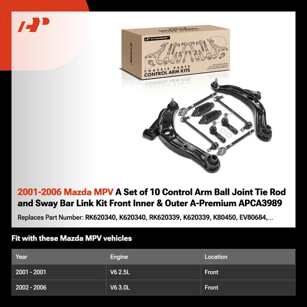 2001-2006 Mazda MPV A Set of 10 Control Arm Ball Joint Tie Rod and Sway Bar Link Kit Front Inner & Outer A-Premium APCA3989