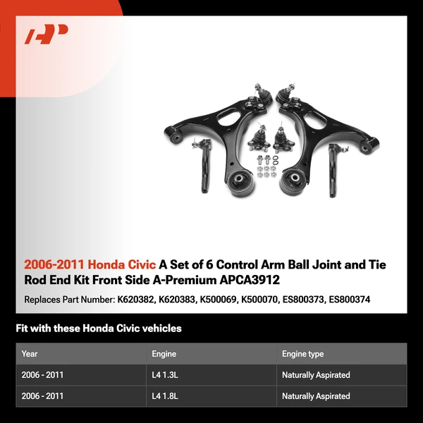 2006-2011 Honda Civic A Set of 6 Control Arm Ball Joint and Tie Rod End Kit Front Side A-Premium APCA3912