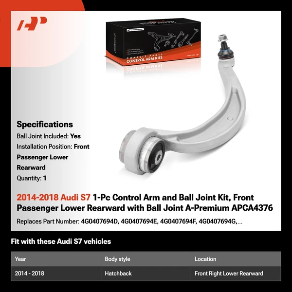 2014-2018 Audi S7 1-Pc Control Arm and Ball Joint Kit, Front Passenger Lower Rearward with Ball Joint A-Premium APCA4376