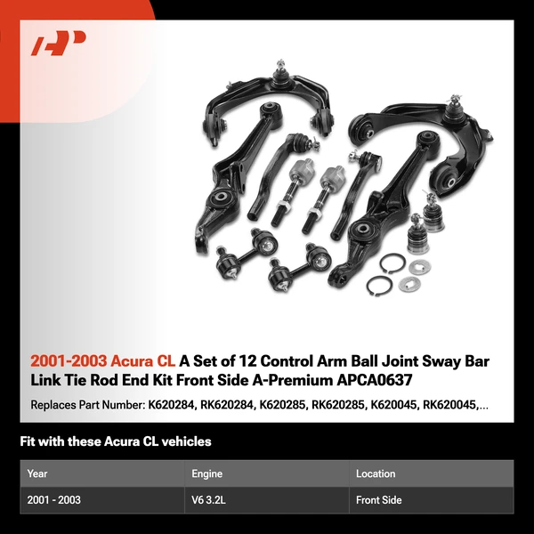 2001-2003 Acura CL A Set of 12 Control Arm Ball Joint Sway Bar Link Tie Rod End Kit Front Side A-Premium APCA0637