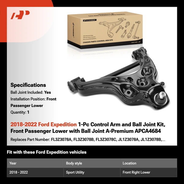 2018-2022 Ford Expedition 1-Pc Control Arm and Ball Joint Kit, Front Passenger Lower with Ball Joint A-Premium APCA4684