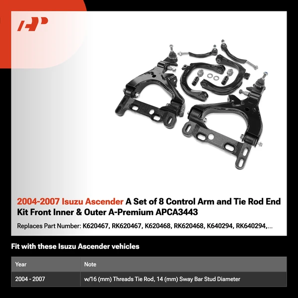 2004-2007 Isuzu Ascender A Set of 8 Control Arm and Tie Rod End Kit Front Inner & Outer A-Premium APCA3443