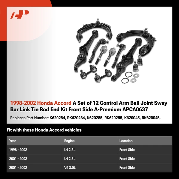 1998-2002 Honda Accord A Set of 12 Control Arm Ball Joint Sway Bar Link Tie Rod End Kit Front Side A-Premium APCA0637
