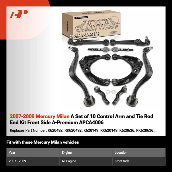 2007-2009 Mercury Milan A Set of 10 Control Arm and Tie Rod End Kit Front Side A-Premium APCA4006