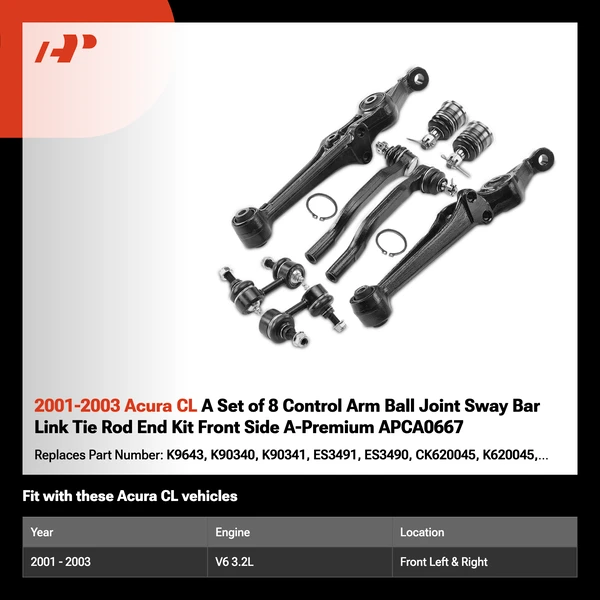 2001-2003 Acura CL A Set of 8 Control Arm Ball Joint Sway Bar Link Tie Rod End Kit Front Side A-Premium APCA0667