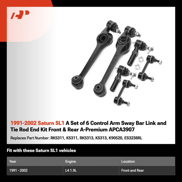 1991-2002 Saturn SL1 A Set of 6 Control Arm Sway Bar Link and Tie Rod End Kit Front & Rear A-Premium APCA3907
