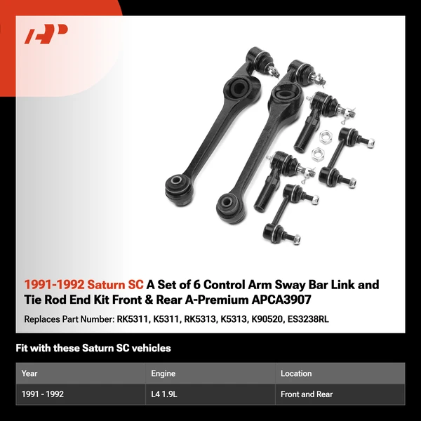 1991-1992 Saturn SC A Set of 6 Control Arm Sway Bar Link and Tie Rod End Kit Front & Rear A-Premium APCA3907