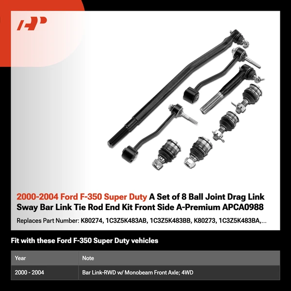 2000-2004 Ford F-350 Super Duty A Set of 8 Ball Joint Drag Link Sway Bar Link Tie Rod End Kit Front Side A-Premium APCA0988