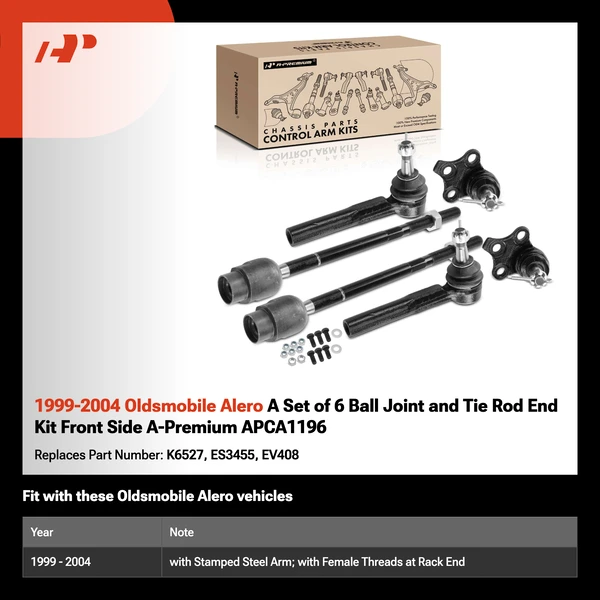 1999-2004 Oldsmobile Alero A Set of 6 Ball Joint and Tie Rod End Kit Front Side A-Premium APCA1196
