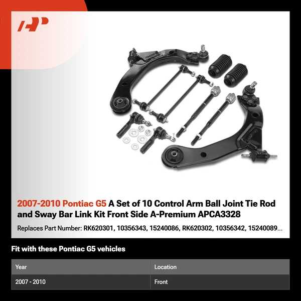 2007-2010 Pontiac G5 A Set of 10 Control Arm Ball Joint Tie Rod and Sway Bar Link Kit Front Side A-Premium APCA3328