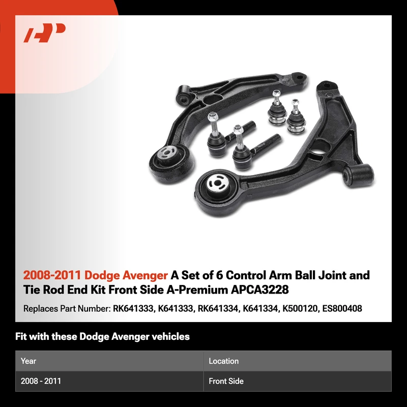 2008-2011 Dodge Avenger A Set of 6 Control Arm Ball Joint and Tie Rod End Kit Front Side A-Premium APCA3228