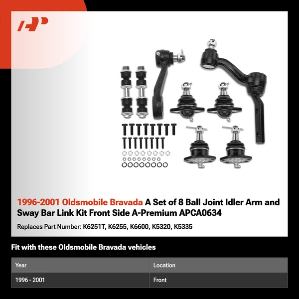 1996-2001 Oldsmobile Bravada A Set of 8 Ball Joint Idler Arm and Sway Bar Link Kit Front Side A-Premium APCA0634