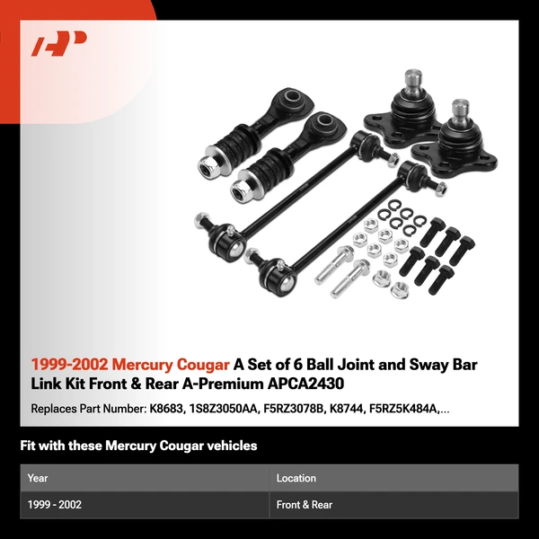 1999-2002 Mercury Cougar A Set of 6 Ball Joint and Sway Bar Link Kit Front & Rear A-Premium APCA2430
