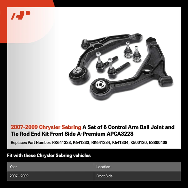 2007-2009 Chrysler Sebring A Set of 6 Control Arm Ball Joint and Tie Rod End Kit Front Side A-Premium APCA3228
