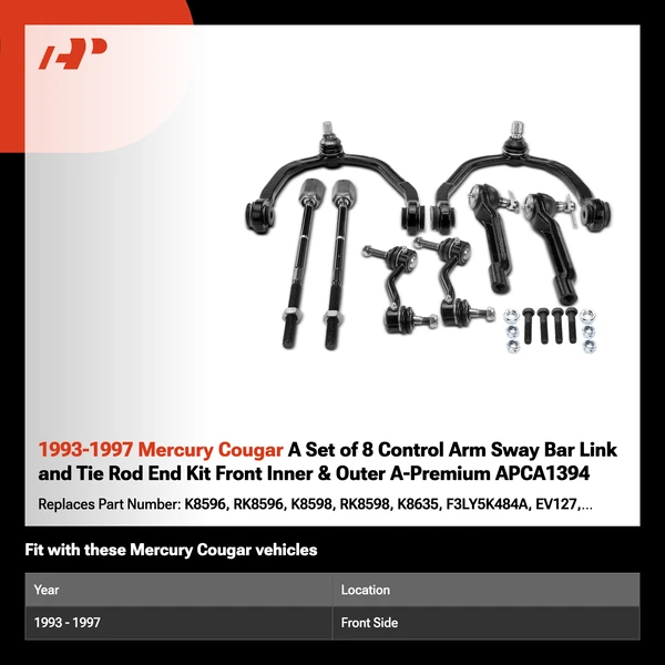 1993-1997 Mercury Cougar A Set of 8 Control Arm Sway Bar Link and Tie Rod End Kit Front Inner & Outer A-Premium APCA1394