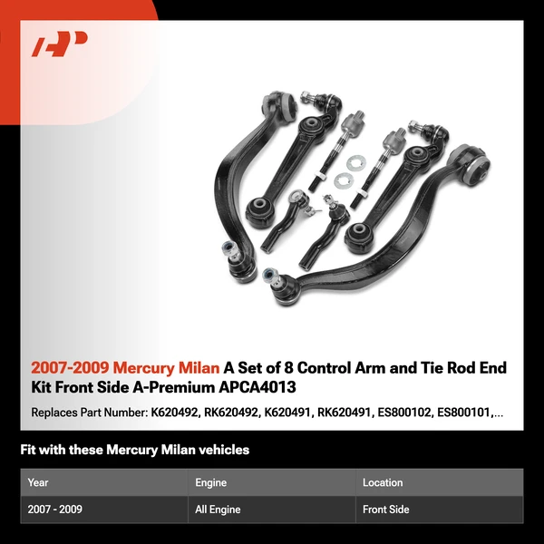 2007-2009 Mercury Milan A Set of 8 Control Arm and Tie Rod End Kit Front Side A-Premium APCA4013