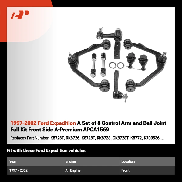 1997-2002 Ford Expedition A Set of 8 Control Arm and Ball Joint Full Kit Front Side A-Premium APCA1569