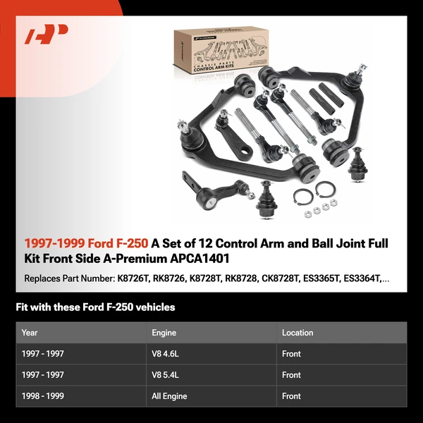 1997-1999 Ford F-250 A Set of 12 Control Arm and Ball Joint Full Kit Front Side A-Premium APCA1401