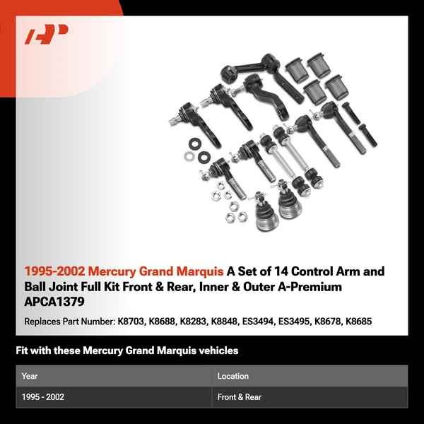 1995-2002 Mercury Grand Marquis A Set of 14 Control Arm and Ball Joint Full Kit Front & Rear, Inner & Outer A-Premium APCA1379