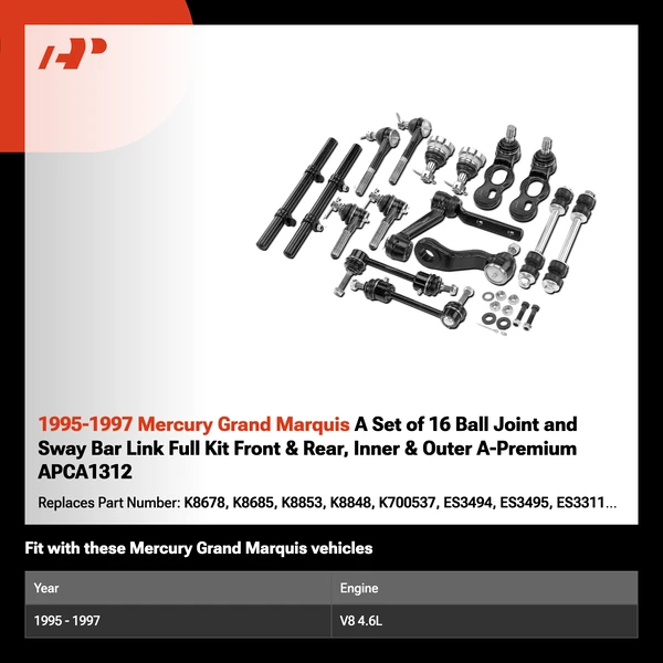 1995-1997 Mercury Grand Marquis A Set of 16 Ball Joint and Sway Bar Link Full Kit Front & Rear, Inner & Outer A-Premium APCA1312