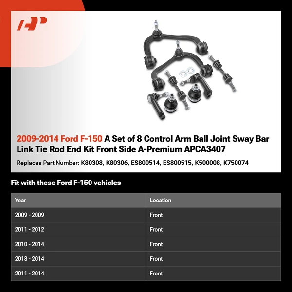 2009-2014 Ford F-150 A Set of 8 Control Arm Ball Joint Sway Bar Link Tie Rod End Kit Front Side A-Premium APCA3407