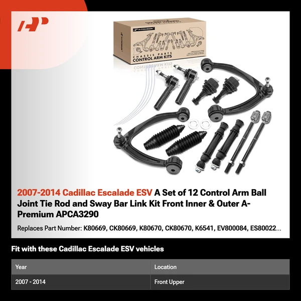 2007-2014 Cadillac Escalade ESV A Set of 12 Control Arm Ball Joint Tie Rod and Sway Bar Link Kit Front Inner & Outer A-Premium APCA3290