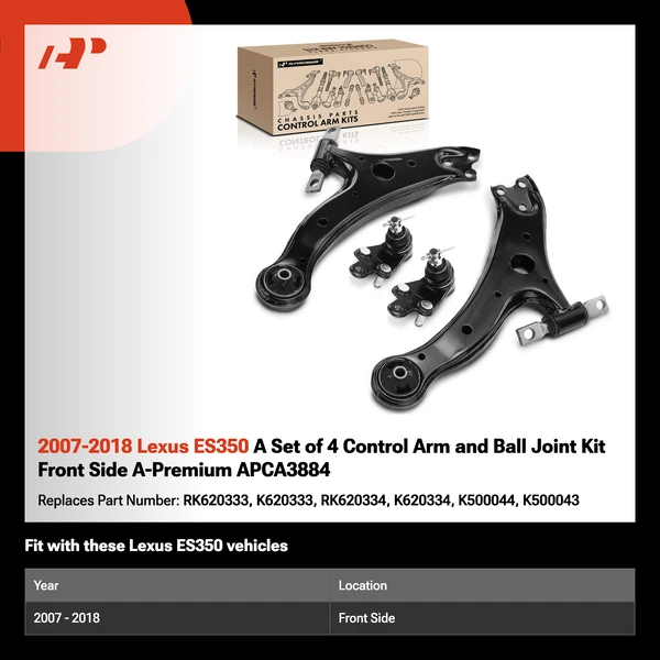 2007-2018 Lexus ES350 A Set of 4 Control Arm and Ball Joint Kit Front Side A-Premium APCA3884